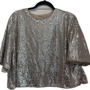 H&M XL Silver/Champagne Sequin Oversized Blouse w/Short Sleeves-party- NWT